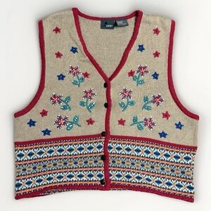 Lizwear Beige Flower Embroidered Button Sweater Vest Large 90s Cottage Boho Y2K